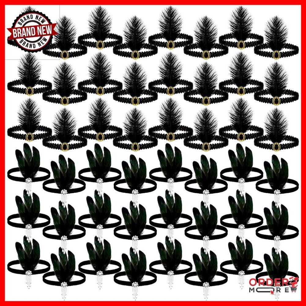 24-Piece Flapper Feather Headbands with Rhinestones for Costume Parties